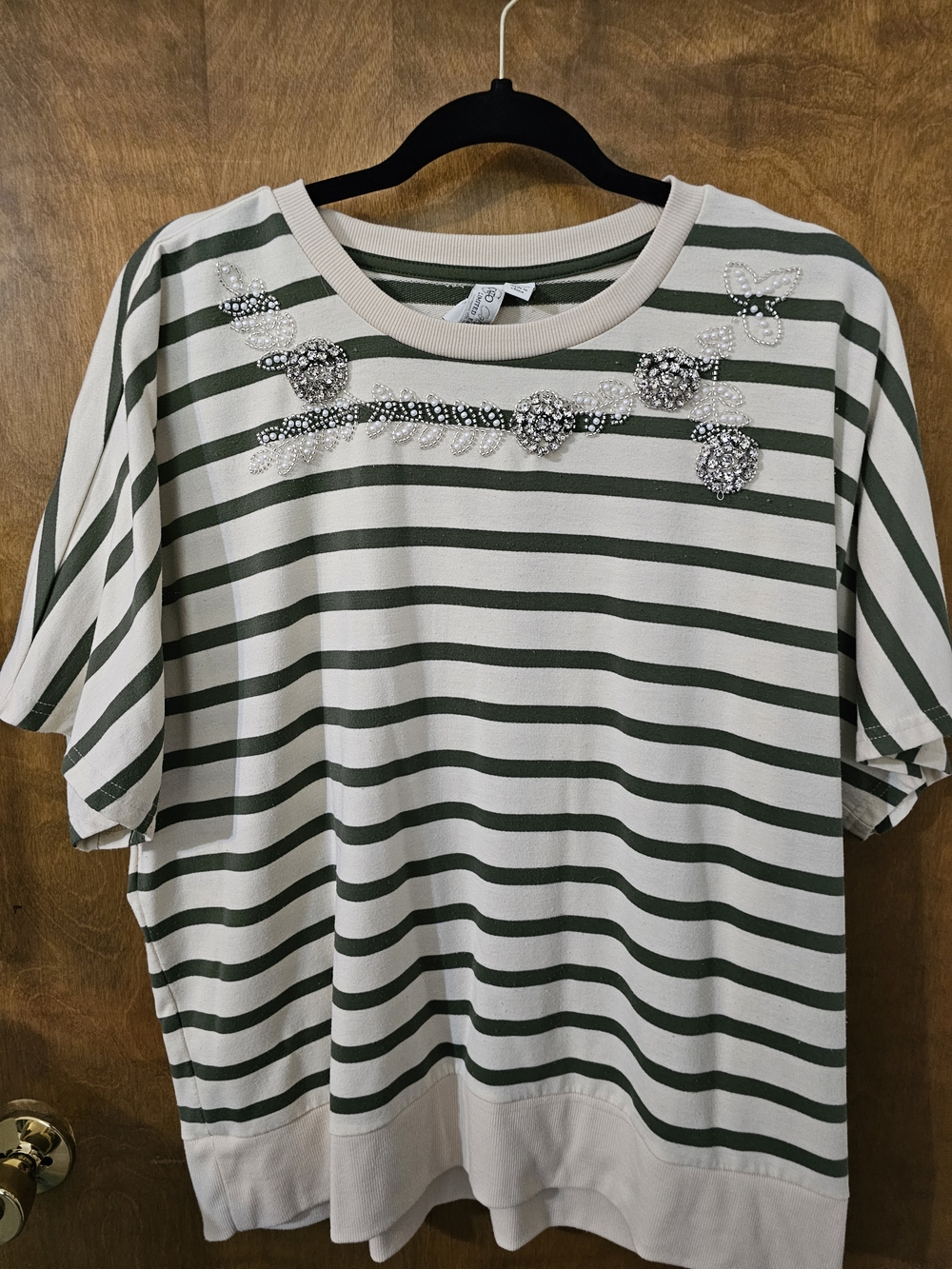 Cato Olive & Cream Striped Rhinestone Crewneck Tee